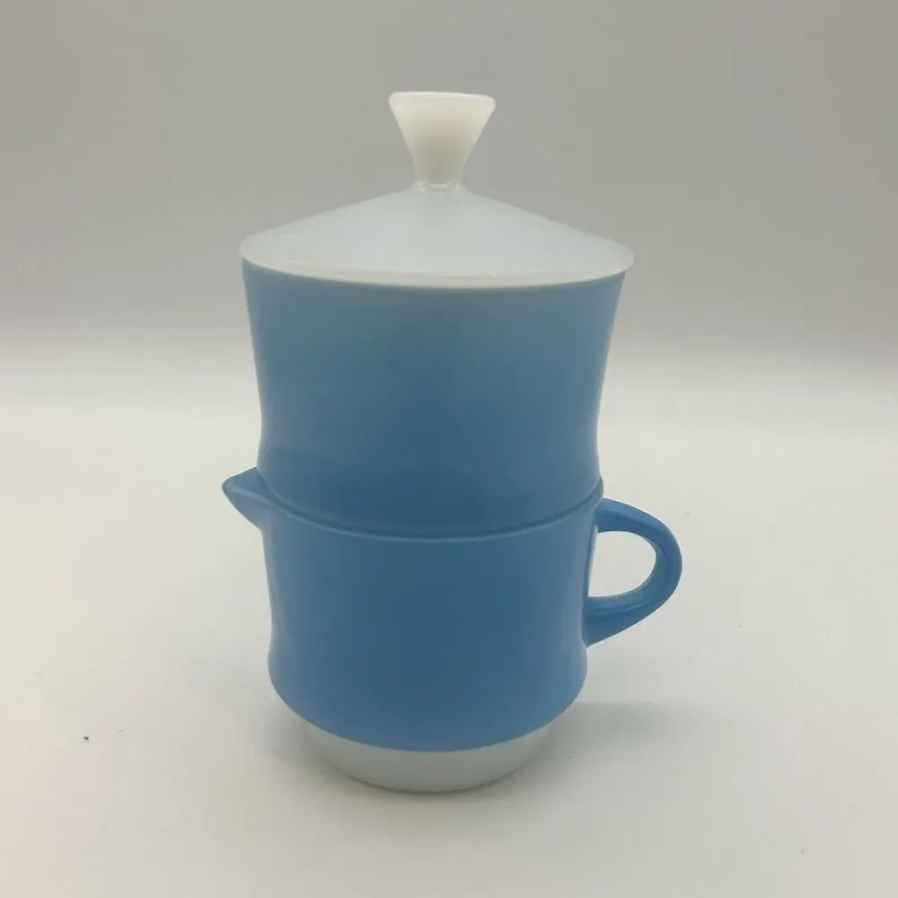 Vintage Fire-King Blue Mosaic Sugar Bowl & Creamer Set w/Lid Milk Glass